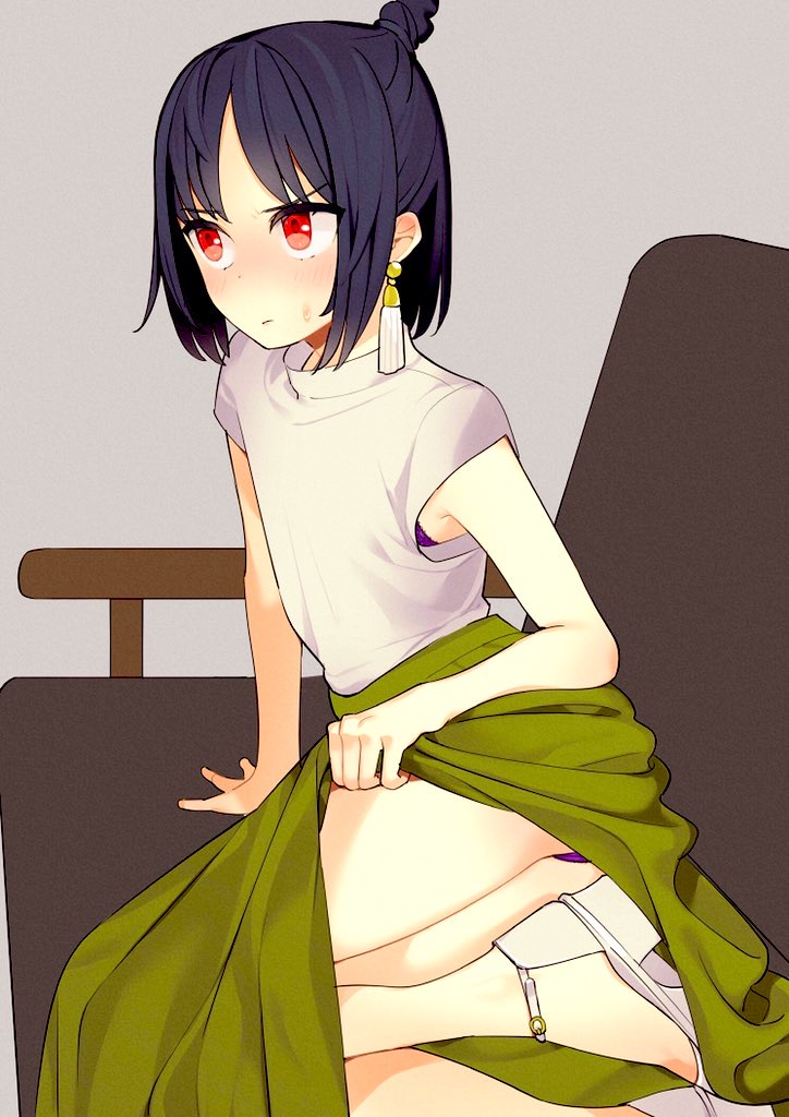 1girl arm_support ass bangs black_hair blush bra bra_peek closed_mouth couch earrings eyebrows_visible_through_hair green_skirt grey_background hair_bun high_heels jewelry lifted_by_self looking_away nose_blush omucchan_(omutyuan) on_couch original panties parted_bangs purple_bra purple_panties red_eyes sandals shirt short_sleeves simple_background skirt skirt_lift solo sweat underwear v-shaped_eyebrows white_footwear white_shirt