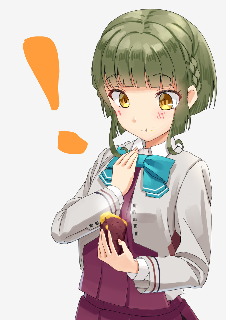 ! 1girl aqua_bow aqua_bowtie blush bob_cut bow bowtie braid closed_mouth eyebrows_visible_through_hair food food_on_face green_hair grey_background holding holding_food kantai_collection long_sleeves mayura2002 pleated_skirt purple_skirt purple_vest remodel_(kantai_collection) short_hair simple_background skirt solo sweet_potato takanami_(kancolle) upper_body vegetable vest yellow_eyes