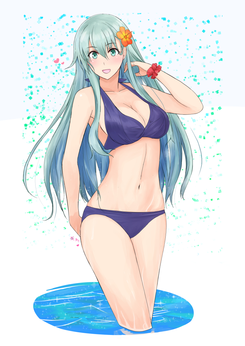 1girl aqua_hair arms_behind_back bikini commentary_request cowboy_shot flower green_eyes hair_flower hair_ornament kantai_collection long_hair looking_at_viewer nuko_(phylactery) purple_bikini red_scrunchie scrunchie smile soaking_feet solo standing suzuya_(kantai_collection) swimsuit water white_background wrist_scrunchie