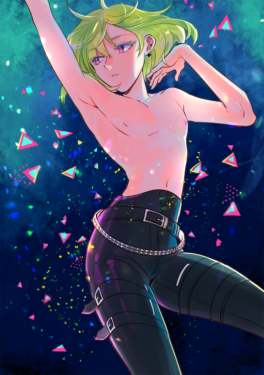 1boy armpits bangs belt bhh4321 earrings eyebrows_visible_through_hair green_hair highres jewelry lio_fotia looking_away looking_to_the_side male_focus nipples pants promare shirtless solo violet_eyes