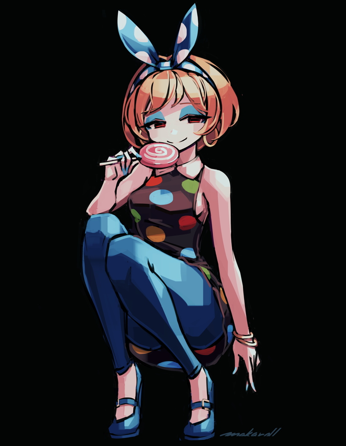 1girl allen_(makaroll) arm_at_side artist_name ass bangs bare_arms bare_shoulders black_background black_dress blonde_hair blue_eyeshadow blue_footwear blue_hairband blue_legwear blue_nails blue_ribbon bow_hairband bracelet breasts candy closed_mouth collared_dress doubutsu_no_mori dress eyebrows_behind_hair eyebrows_visible_through_hair eyeshadow fingernails food francoise_(doubutsu_no_mori) full_body hair_ribbon hairband half-closed_eyes hand_up high_heels holding holding_food humanization jewelry knees_together_feet_apart leggings lollipop looking_at_viewer makeup mary_janes medium_breasts nail_polish polka_dot polka_dot_dress polka_dot_ribbon red_eyes ribbon shoes short_hair sideboob simple_background sleeveless sleeveless_dress smile smug solo squatting