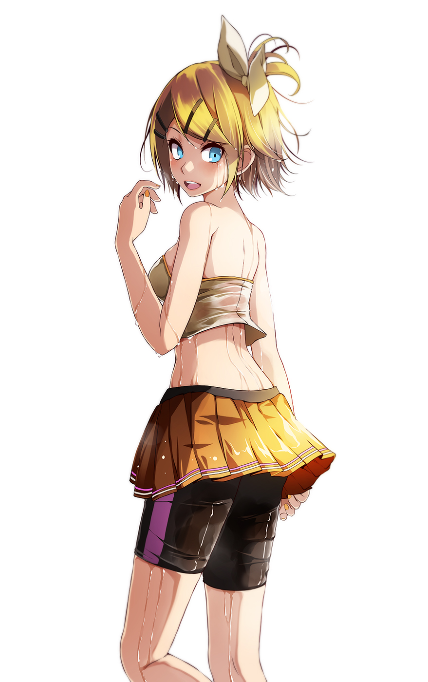 1girl :d bangs black_shorts blonde_hair blue_eyes blush bow cheerleader hair_bow highres kagamine_rin midriff miniskirt nail_polish one_side_up open_mouth orange_nails pleated_skirt shiny shiny_hair short_hair shorts shorts_under_skirt shoulder_blades simple_background sing&amp;smile_(vocaloid) skirt smile solo strapless sweat swept_bangs tsukishiro_saika vocaloid wet wet_hair white_background yellow_bow yellow_skirt