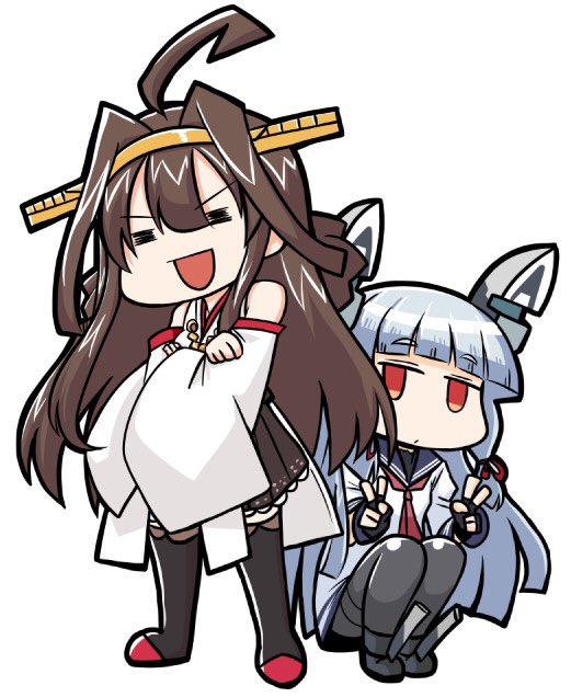 2girls =_= ahoge bangs black_legwear blunt_bangs boots brown_hair brown_skirt crossed_arms detached_sleeves double_bun dress eyebrows_visible_through_hair full_body hair_ribbon hairband hakama_skirt headgear japanese_clothes kantai_collection kongou_(kantai_collection) koopo long_hair multiple_girls murakumo_(kantai_collection) necktie orange_eyes pantyhose red_neckwear ribbon ribbon-trimmed_sleeves ribbon_trim sailor_dress sidelocks silver_hair simple_background skirt smile standing thigh-highs thigh_boots thighband_pantyhose tress_ribbon white_background