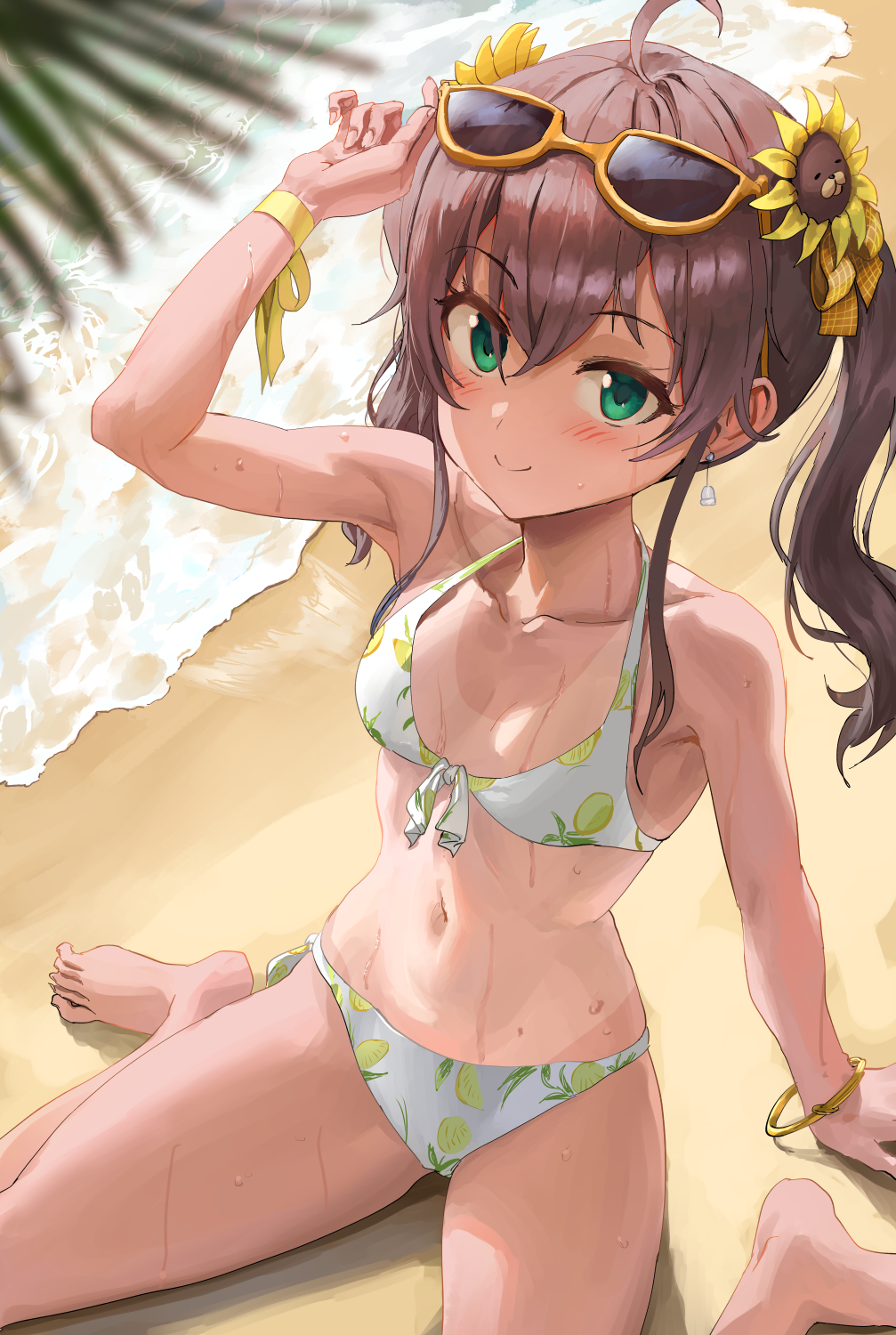 ahoge athenawyrm blue_eyes blush breasts brown_hair collarbone earrings eyewear_on_head highres hololive jewelry looking_at_viewer natsuiro_matsuri navel sand side_ponytail sitting small_breasts smile sunglasses swimsuit tan virtual_youtuber wet