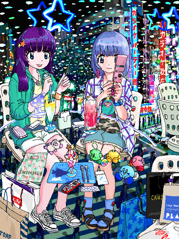 2girls :3 ace_akira animal_print bag bangs blue_eyes blue_hair blue_legwear blue_shorts blush cat_print cellphone chair city closed_mouth commentary_request cutoffs drinking_straw flip_phone food fork full_body furby glass green_jacket grin hair_ornament hands_up high_heels hood hooded_jacket ice_cream jacket kirby kirby_(series) long_hair looking_at_viewer multiple_girls open_mouth original phone pink_phone print_bag purple_hair shiny shiny_hair shirt shoes shopping_bag short_hair shorts sitting smile sneakers spoon star_(symbol) star_hair_ornament star_print striped sundae translation_request watch watch white_footwear white_shorts yellow_shirt