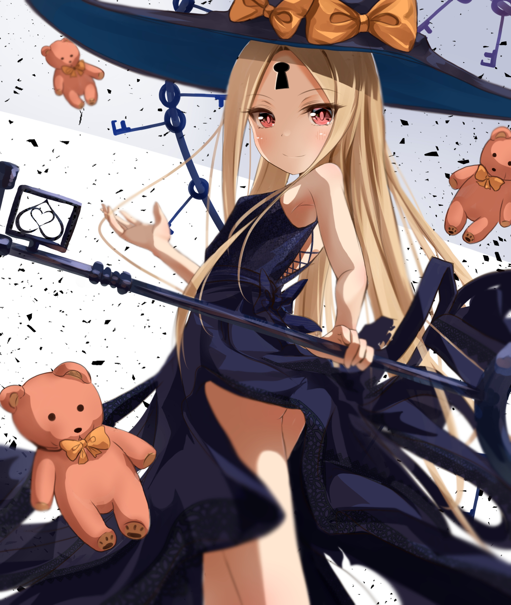 1girl abigail_williams_(fate/grand_order) ass bangs bare_shoulders black_bow black_dress black_headwear blonde_hair bow breasts closed_mouth dress fate/grand_order fate_(series) forehead hat highres key keyhole long_hair looking_at_viewer multiple_bows orange_bow parted_bangs red_eyes sakazakinchan small_breasts smile staff stuffed_animal stuffed_toy teddy_bear thighs witch_hat