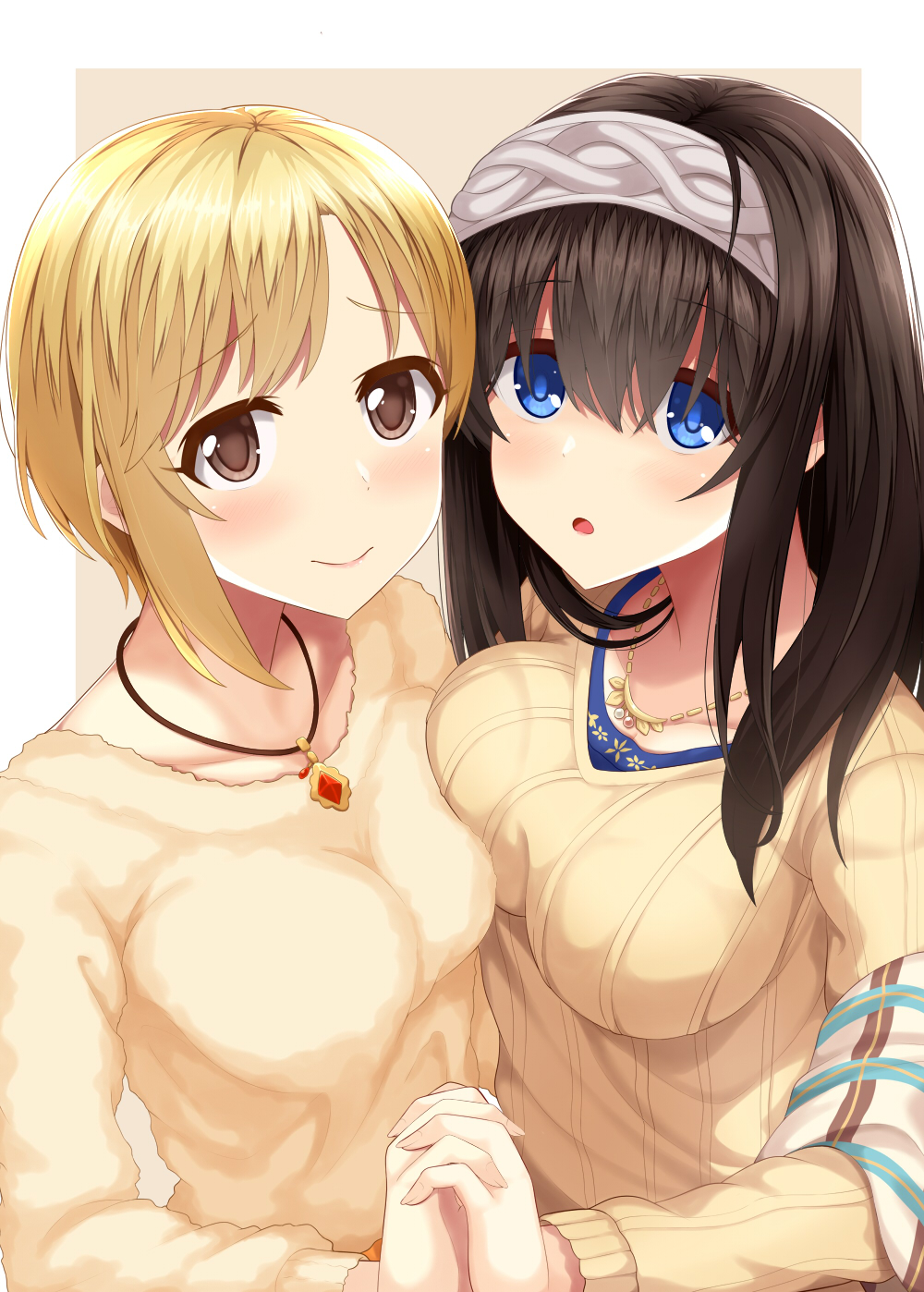 2girls :o aiba_yumi bangs blonde_hair blue_eyes blush breasts brown_eyes brown_hair closed_mouth commentary_request eyebrows_visible_through_hair eyelashes grey_hairband hairband highres holding_hands idolmaster idolmaster_cinderella_girls jewelry long_hair long_sleeves looking_at_viewer multiple_girls necklace oga_raito open_mouth raised_eyebrows sagisawa_fumika short_hair smile tongue