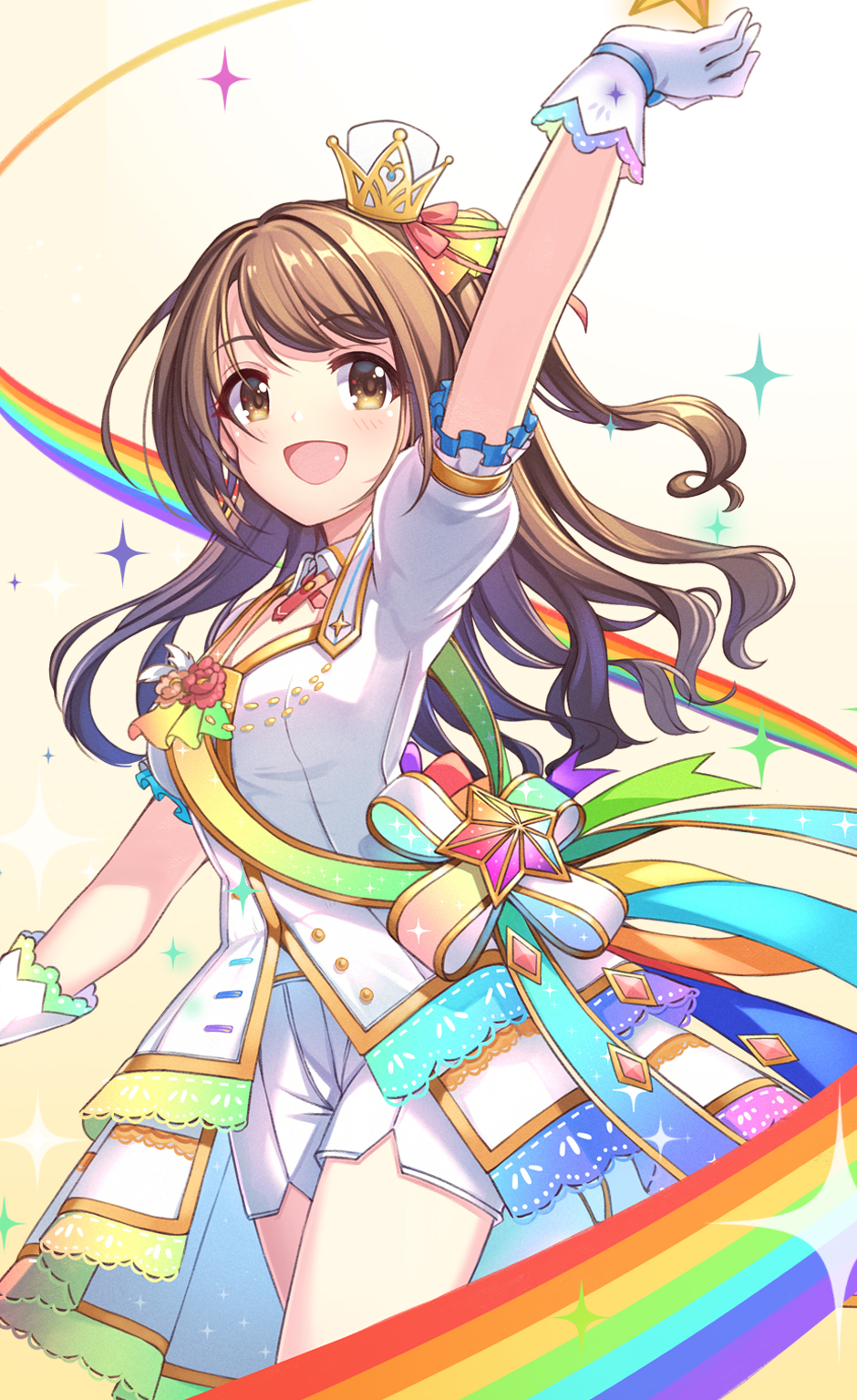 1girl :d arm_up bangs breasts brown_eyes brown_hair buttons collared_dress crossed_legs crown diamond_(shape) dress earrings eskimofox eyebrows_visible_through_hair flower gloves highres idolmaster idolmaster_cinderella_girls jewelry long_hair medium_breasts mini_crown one_side_up open_clothes open_dress open_mouth puffy_short_sleeves puffy_sleeves rainbow ribbon sash shimamura_uzuki short_sleeves shorts shorts_under_dress smile solo sparkle sparkle_background standing star_(symbol) star_trail white_dress white_gloves white_shorts