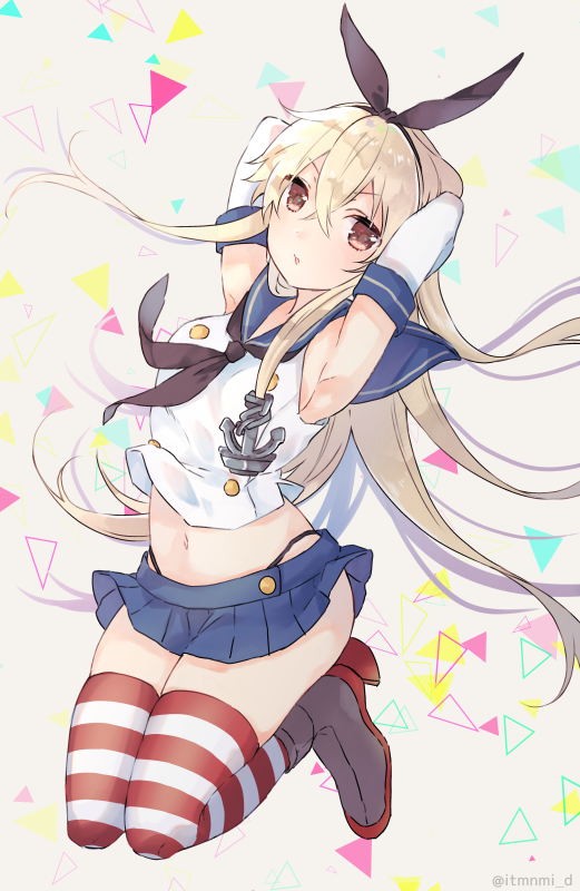 1girl armpits arms_behind_head black_neckwear black_panties blonde_hair blue_sailor_collar blue_skirt blush brown_eyes crop_top elbow_gloves eyebrows_visible_through_hair full_body gloves hair_between_eyes highleg highleg_panties kantai_collection long_hair miniskirt navel neckerchief panties parted_lips pleated_skirt saiki_yuzuri sailor_collar school_uniform serafuku shimakaze_(kantai_collection) skirt sleeveless solo striped striped_legwear thigh-highs twitter_username underwear white_gloves