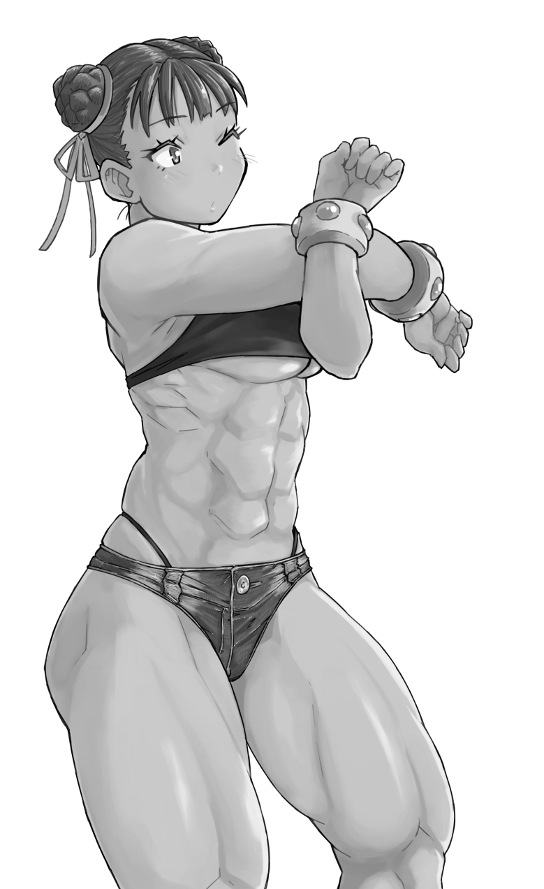 1girl abs bare_shoulders blush breasts chun-li double_bun eyebrows_visible_through_hair greyscale highres hori_shin midriff monochrome muscle muscular_female navel one_eye_closed panties short_shorts shorts simple_background sleeveless solo street_fighter thick_thighs thighs under_boob underwear white_background