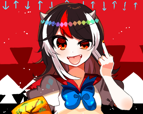 1girl arrow_(symbol) beryllium_(wintermerry) black_hair blue_neckwear blush bow bowtie commentary_request fangs hand_up horns kijin_seija long_hair looking_at_viewer lowres middle_finger miracle_mallet multicolored_hair patterned_background puffy_short_sleeves puffy_sleeves rainbow_gradient red_background red_eyes red_nails redhead shirt short_sleeves solo streaked_hair tongue tongue_out touhou uneven_eyes white_hair white_shirt