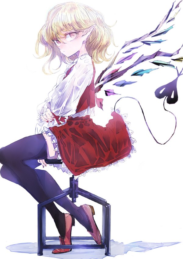 1girl black_legwear blonde_hair crystal english_commentary flandre_scarlet from_side full_body laevatein_(tail) long_sleeves looking_at_viewer medium_hair on_chair pointy_ears puffy_sleeves red_eyes red_footwear red_nails red_skirt red_vest shirt shoes sitting skirt solo stool tail thigh-highs touhou tsuru_(nekopanchi) vest white_background white_shirt wings