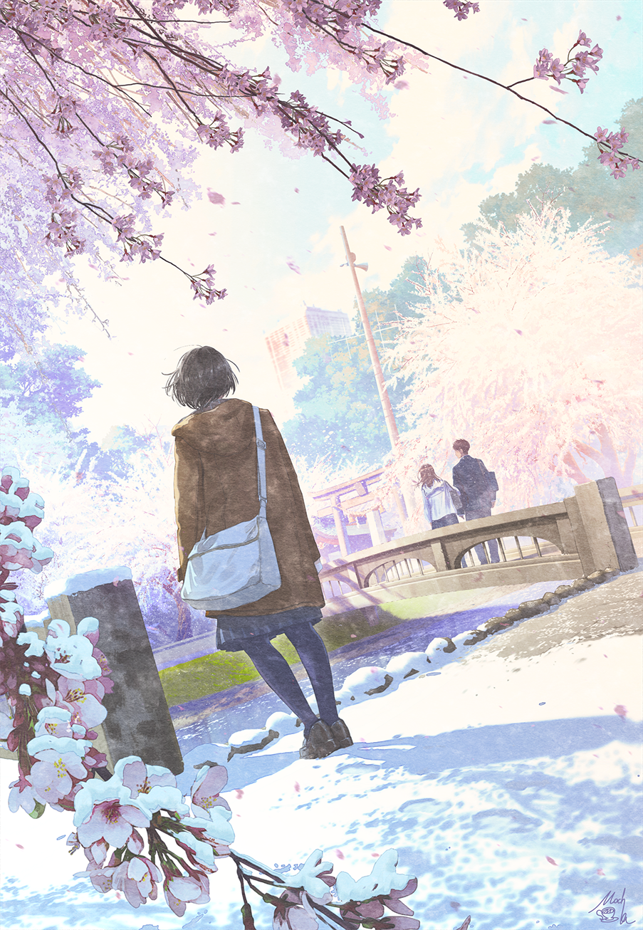 1boy 2girls bag black_hair black_jacket black_legwear black_pants black_skirt bridge brown_jacket cherry_blossoms commentary_request day facing_away flower gakuran highres hood hood_down hooded_jacket jacket long_sleeves mocha_(cotton) multiple_girls original outdoors pants pantyhose petals pink_flower pleated_skirt railing river school_uniform seasons shoes shoulder_bag signature skirt snow spring_(season) standing tree tree_branch water white_flower white_jacket winter