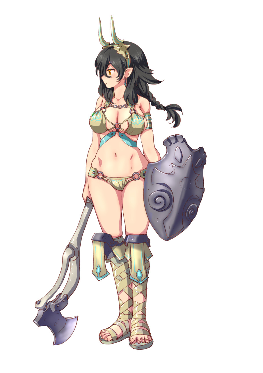 1girl axe bikini black_hair boots braid breasts fujisawa_takashi full_body headgear highres horns knee_boots large_breasts long_hair navel o-ring original sandals shield solo swimsuit weapon white_background yellow_eyes