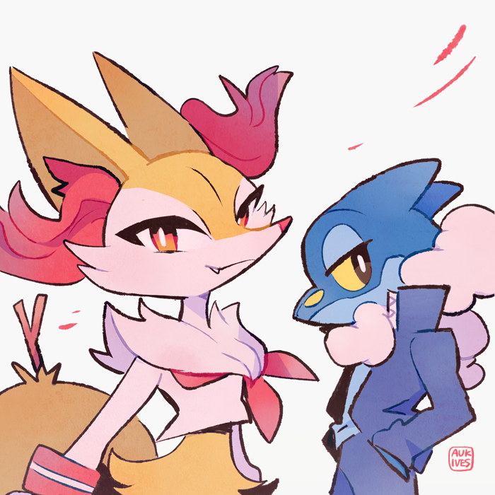 1boy 1girl animal_ear_fluff animal_ears artist_name aukives black_eyes blue_background blue_jacket blue_pants blue_shirt braixen closed_mouth clothed_pokemon crop_top fang fox_ears fox_tail frogadier furry gen_6_pokemon half-closed_eyes hand_in_pocket happy high_collar jacket long_sleeves looking_at_viewer looking_to_the_side neckerchief open_clothes open_jacket orange_eyes pants pokemon pokemon_(creature) red_neckwear school_uniform serafuku shirt signature simple_background smile standing stick symbol_commentary tail upper_body white_shirt yellow_sclera