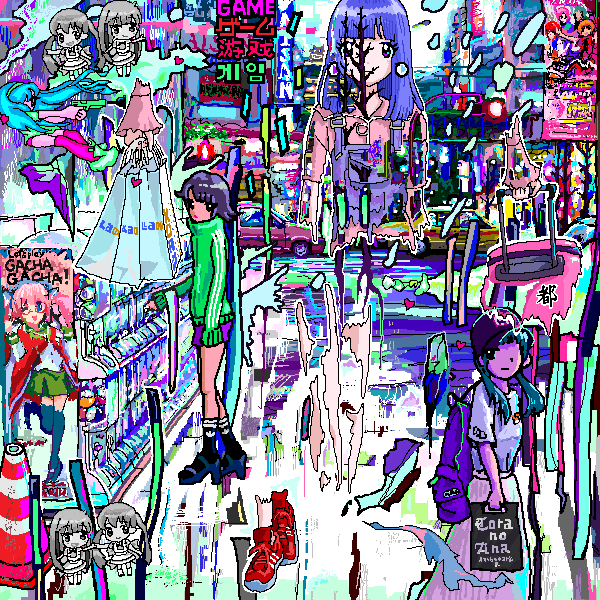 abstract ace_akira akihabara_(tokyo) aqua_hair bag bangs black_footwear black_legwear blue_hair blunt_bangs car city closed_mouth day frown gacha_gacha green_skirt ground_vehicle hat high_heels holding holding_bag lavender_hair long_hair long_skirt looking_at_viewer motor_vehicle multiple_girls original overalls pink_legwear pink_shirt pleated_skirt poster_(object) puddle red_footwear revision shiny shirt shoes shopping_bag short_hair short_sleeves skirt standing standing_on_one_leg sunlight traffic_cone twintails white_skirt