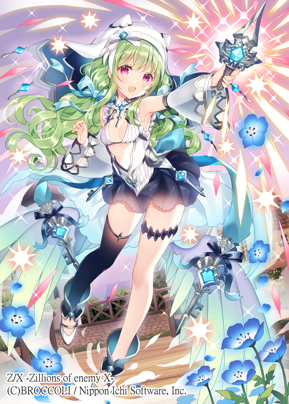 1girl :d armpits bare_shoulders black_legwear black_skirt blue_flower breasts detached_sleeves flower green_hair highres holding long_hair looking_at_viewer low_wings magic miniskirt official_art open_mouth outstretched_arm red_eyes revealing_clothes shoes single_thighhigh skirt small_breasts smile solo thigh-highs thigh_strap thighs veil wasabi_(sekai) wide_sleeves wings z/x