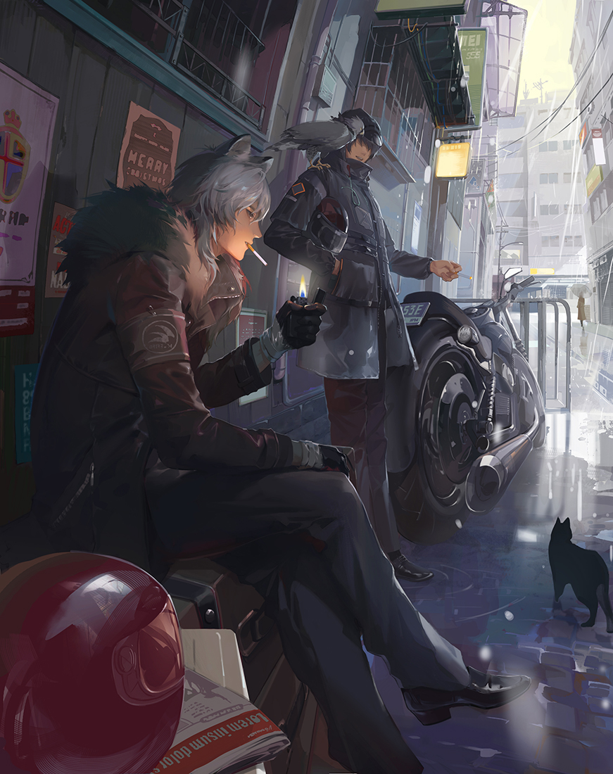 1boy 1other a-m-one alley animal animal_ears animal_on_shoulder arknights armband bird bird_on_shoulder black_cat black_coat black_footwear black_gloves black_pants building carrying_under_arm cat cigarette coat commentary_request crossed_legs doctor_(arknights) fire flame fur_collar gloves grey_hair ground_vehicle hand_in_pocket headwear_removed helmet helmet_removed holding holding_cigarette jacket lighter long_sleeves motor_vehicle motorcycle mouth_hold newspaper outdoors pants poster_(object) power_lines rain red_jacket road shoes silverash_(arknights) sitting standing street suitcase
