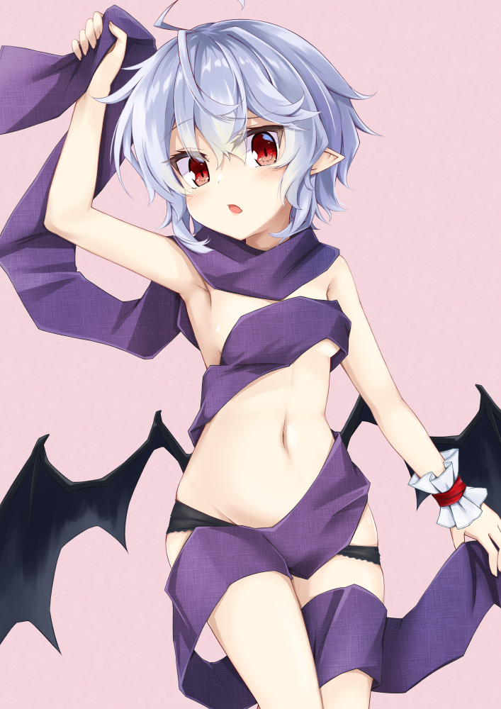 1girl :o ahoge akisome_hatsuka arm_up armpits bat_wings black_panties blue_hair breasts commentary_request contrapposto cropped_legs eyebrows_visible_through_hair groin hair_between_eyes head_tilt holding_scarf light_blush lowleg lowleg_panties navel panties pink_background pointy_ears purple_scarf red_eyes remilia_scarlet scarf short_hair simple_background skindentation small_breasts standing topless touhou under_boob underwear underwear_only wings wrist_cuffs