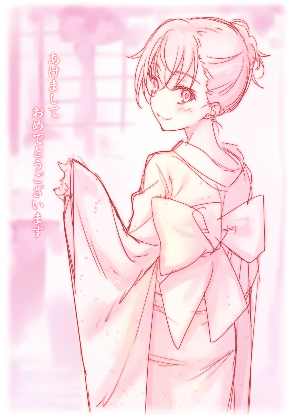 1girl back_bow bangs blurry blurry_background blush bow closed_mouth cowboy_shot eyebrows_visible_through_hair from_behind hair_between_eyes highres japanese_clothes kimono long_sleeves looking_at_viewer looking_back misaka_mikoto monochrome puma_(hyuma1219) short_hair smile solo standing tied_hair to_aru_majutsu_no_index wide_sleeves yukata