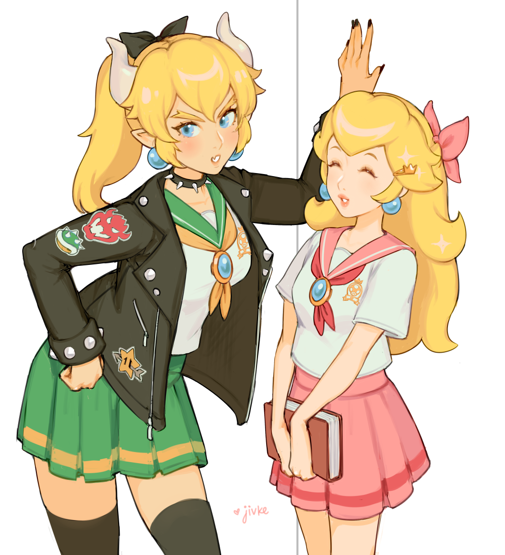 2girls black_bow blonde_hair bow bowsette closed_eyes curly_hair green_skirt hair_bow hand_on_hip hand_up hands_on_lap jacket jivke leather leather_jacket super_mario_bros. multiple_girls patches pink_bow pink_skirt ponytail princess_peach school_uniform skirt smile