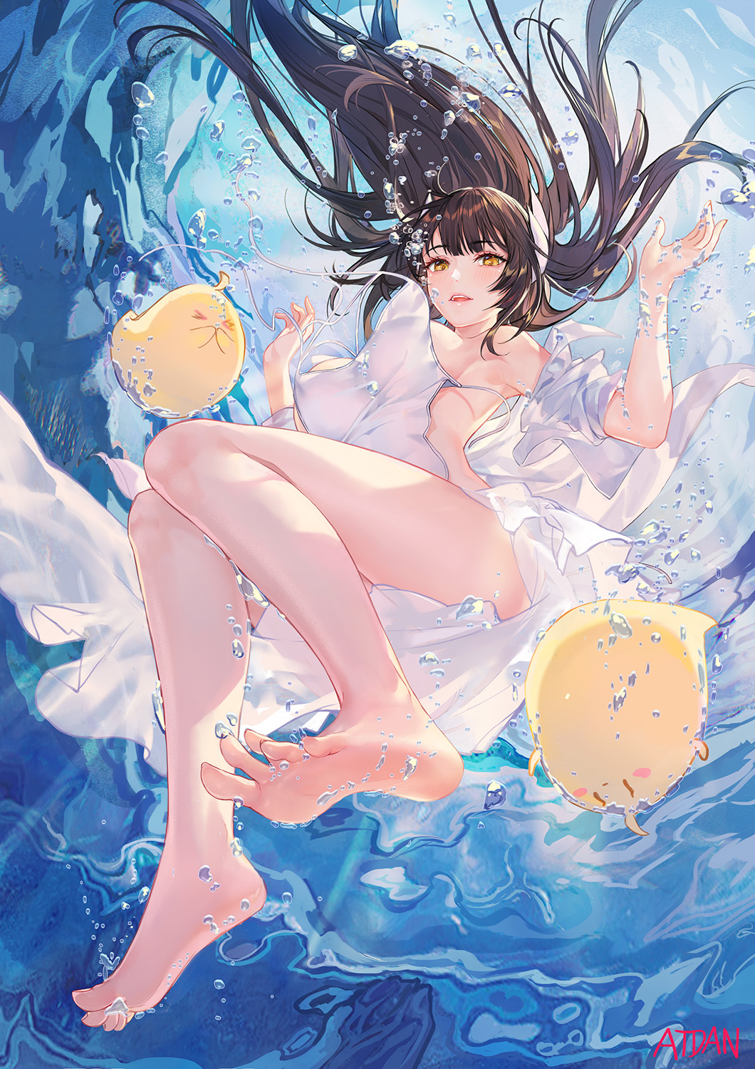 1girl air_bubble armpits atdan azur_lane bare_shoulders barefoot bird breasts brown_eyes brown_hair bubble chick dress feet floating_hair foreshortening freediving hiei_(azur_lane) highres large_breasts long_hair looking_at_viewer manjuu_(azur_lane) off_shoulder open_clothes open_mouth open_shirt shirt sleeveless sleeveless_dress solo thighs toes underwater white_dress white_shirt