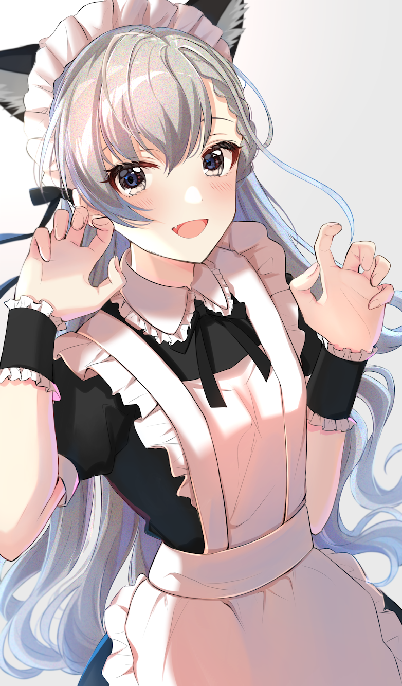 1girl :d alternate_costume animal_ear_fluff animal_ears apron bangs black_bow black_dress blush bow breasts claw_pose collared_dress commentary_request dress enmaided eyebrows_visible_through_hair fang frilled_apron frilled_shirt_collar frills grey_background grey_eyes grey_hair hair_between_eyes hands_up highres hisakawa_hayate idolmaster idolmaster_cinderella_girls kemonomimi_mode long_hair looking_at_viewer maid maid_apron maid_headdress open_mouth puffy_short_sleeves puffy_sleeves satoimo_chika short_sleeves sidelocks simple_background small_breasts smile solo very_long_hair white_apron wrist_cuffs