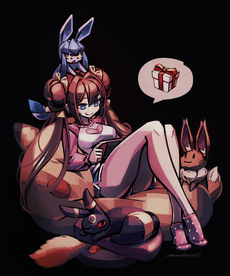 +_+ 1girl allen_(makaroll) artist_name bangs bare_legs bean_bag_chair black_background blue_eyes blue_shorts bow box breasts bright_pupils brown_hair closed_mouth commentary crossed_ankles double_bun eevee eyebrows_behind_hair gen_1_pokemon gen_2_pokemon gen_4_pokemon gift gift_box glaceon hair_between_eyes hair_bow hair_intakes hair_ribbon handheld_game_console heart holding knees_up long_hair long_sleeves looking_at_screen medium_breasts mei_(pokemon) on_head pikachu pink_heart pink_legwear pink_sleeves pokemon pokemon_(creature) pokemon_(game) pokemon_bw2 polka_dot polka_dot_legwear print_shirt raglan_sleeves reclining ribbon shirt short_shorts short_socks shorts sidelocks simple_background smile socks speech_bubble spoken_object thighs tied_hair tiptoes tongue tongue_out twintails umbreon very_long_hair white_pupils white_shirt yellow_bow yellow_ribbon