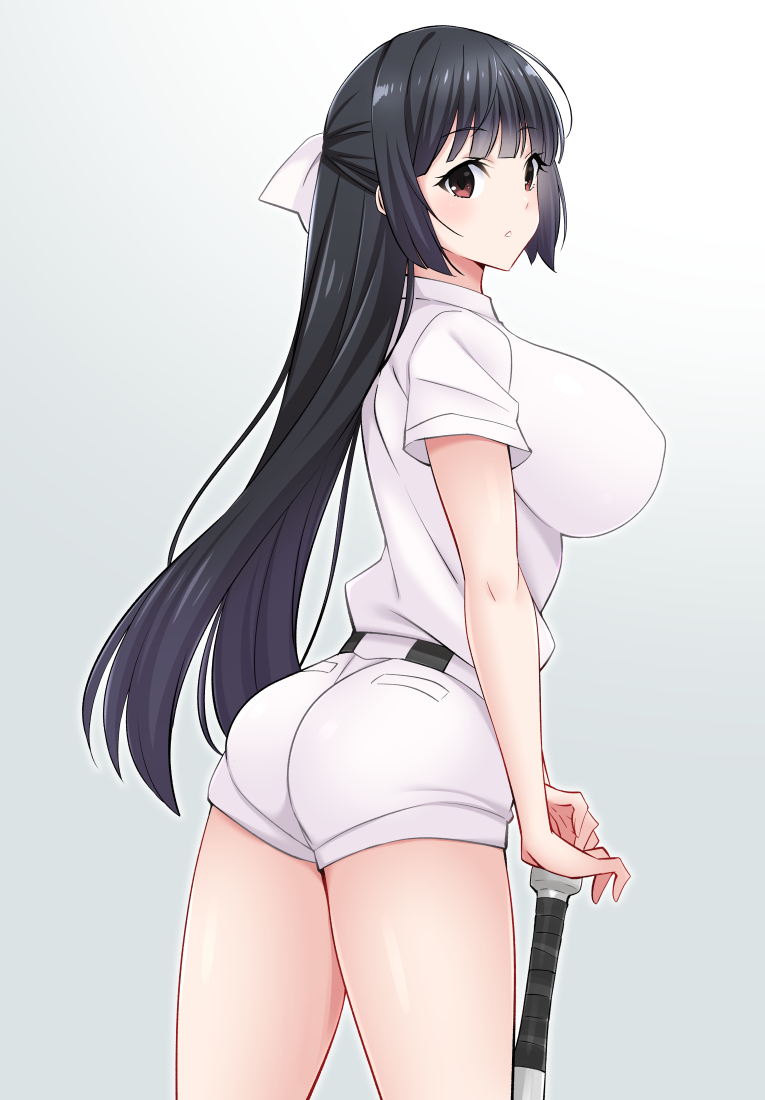 1girl baseball_bat baseball_uniform black_hair bow breasts gabayo hair_bow large_breasts long_hair oomura_shiragiku red_eyes short_sleeves shorts solo sportswear tamayomi very_long_hair white_bow