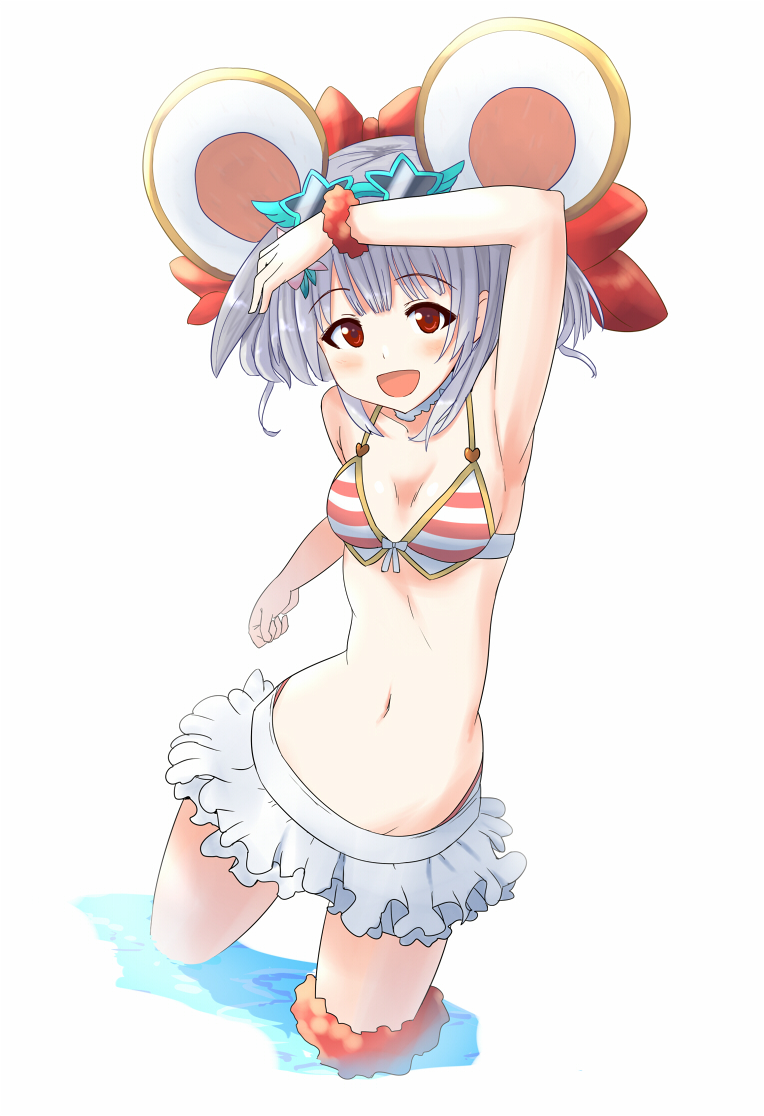 1girl animal_ears armpits bow daniel_(artist) eyebrows_visible_through_hair fake_animal_ears granblue_fantasy hair_ornament hairband looking_at_viewer mouse_ears open_mouth red_eyes simple_background skirt smile solo star-shaped_eyewear swimsuit thigh_strap vikala_(granblue_fantasy) white_background white_hair white_skirt