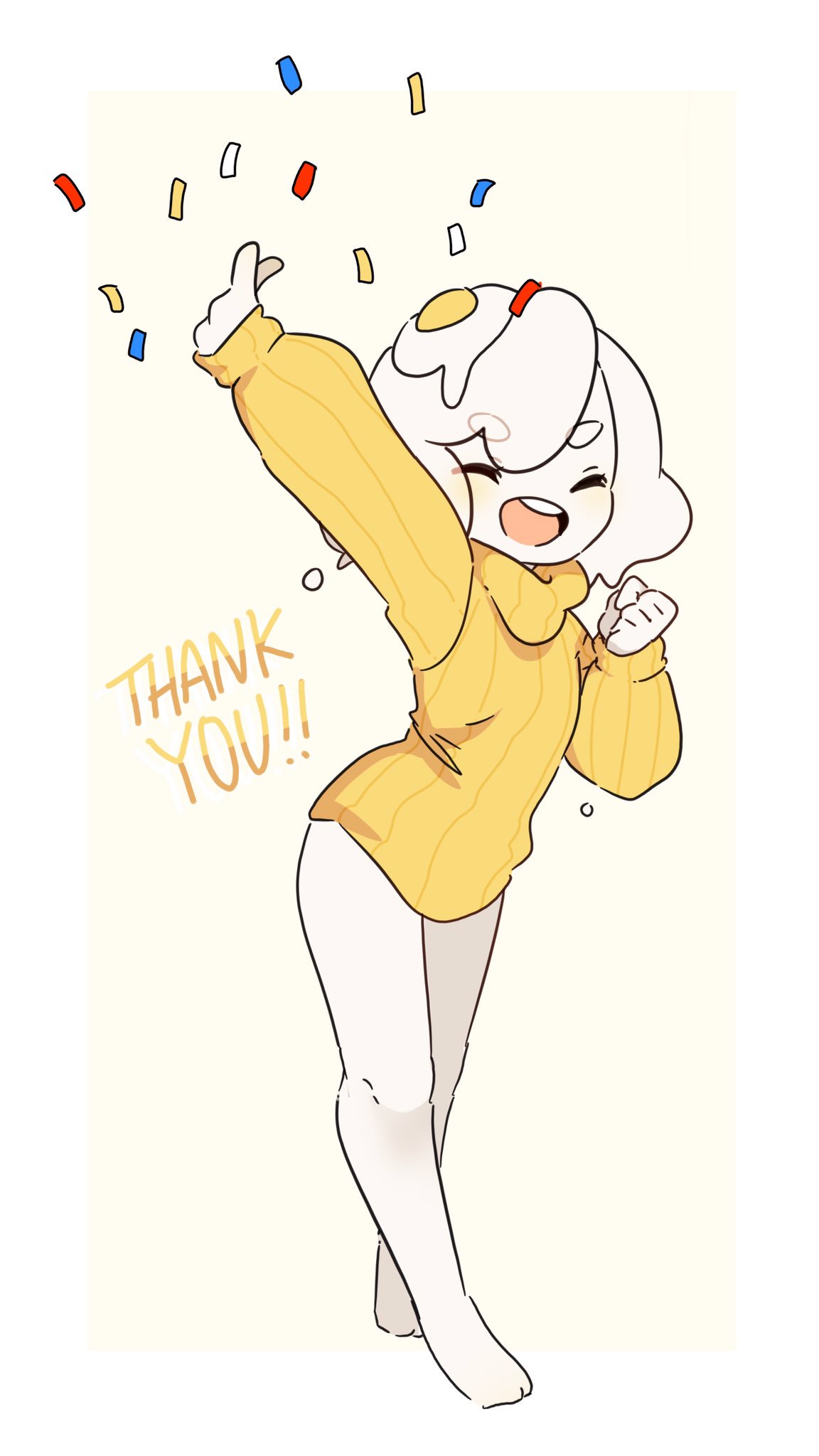 1girl arm_up bare_legs barefoot clenched_hand closed_eyes confetti egg egg_(lemyawn) english_commentary eyebrows_visible_through_hair full_body highres lemyawn long_sleeves medium_hair open_mouth orange_sweater original solo standing sunny_side_up_egg sweater thank_you white_hair