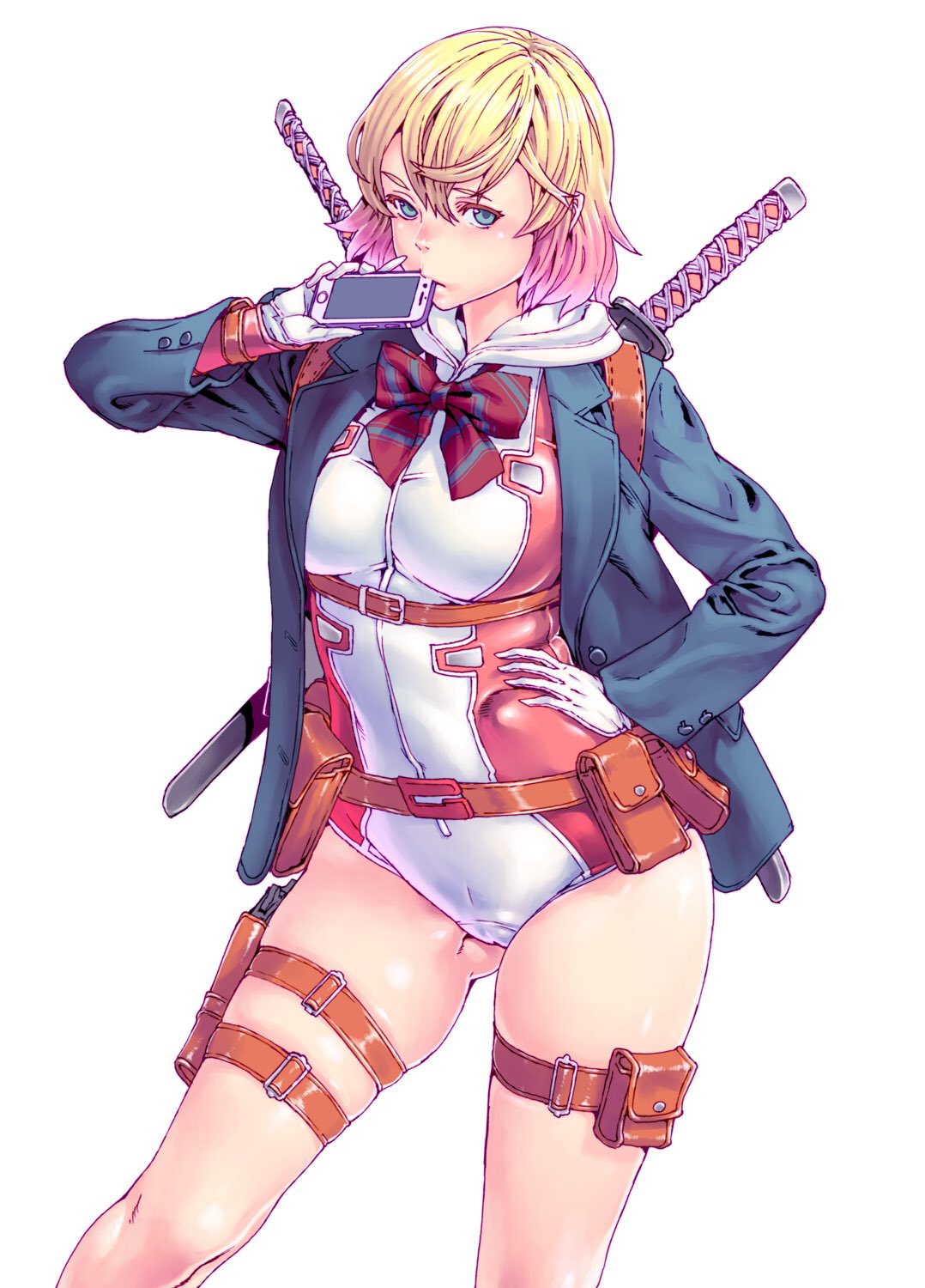 1girl ass_visible_through_thighs blazer blonde_hair blue_eyes cellphone commentary_request gloves gradient_hair gwen_poole gwenpool hand_on_hip highres holding holding_phone holster honzawa_yuuichirou hood jacket katana long_sleeves looking_at_viewer marvel multicolored_hair outline phone photoshop_(medium) pink_hair pouch simple_background skin_tight smartphone solo sword thigh_holster weapon white_gloves