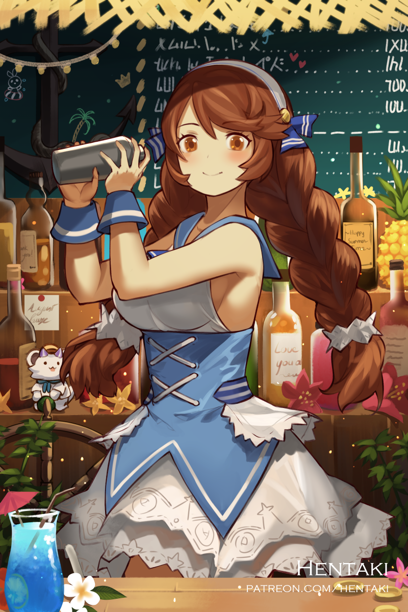 1girl artist_name bangs bare_shoulders bendy_straw blue_sailor_collar blush bottle braid breasts brown_eyes brown_hair character_request closed_mouth commentary cup dragalia_lost dress drinking_glass drinking_straw english_commentary eyebrows_visible_through_hair hair_between_eyes hair_ribbon hairband hands_up heart hentaki highres holding long_hair medium_breasts ribbon sailor_collar sailor_dress shaker sleeveless sleeveless_dress smile twin_braids twintails very_long_hair watermark web_address white_dress white_hairband white_ribbon wrist_cuffs