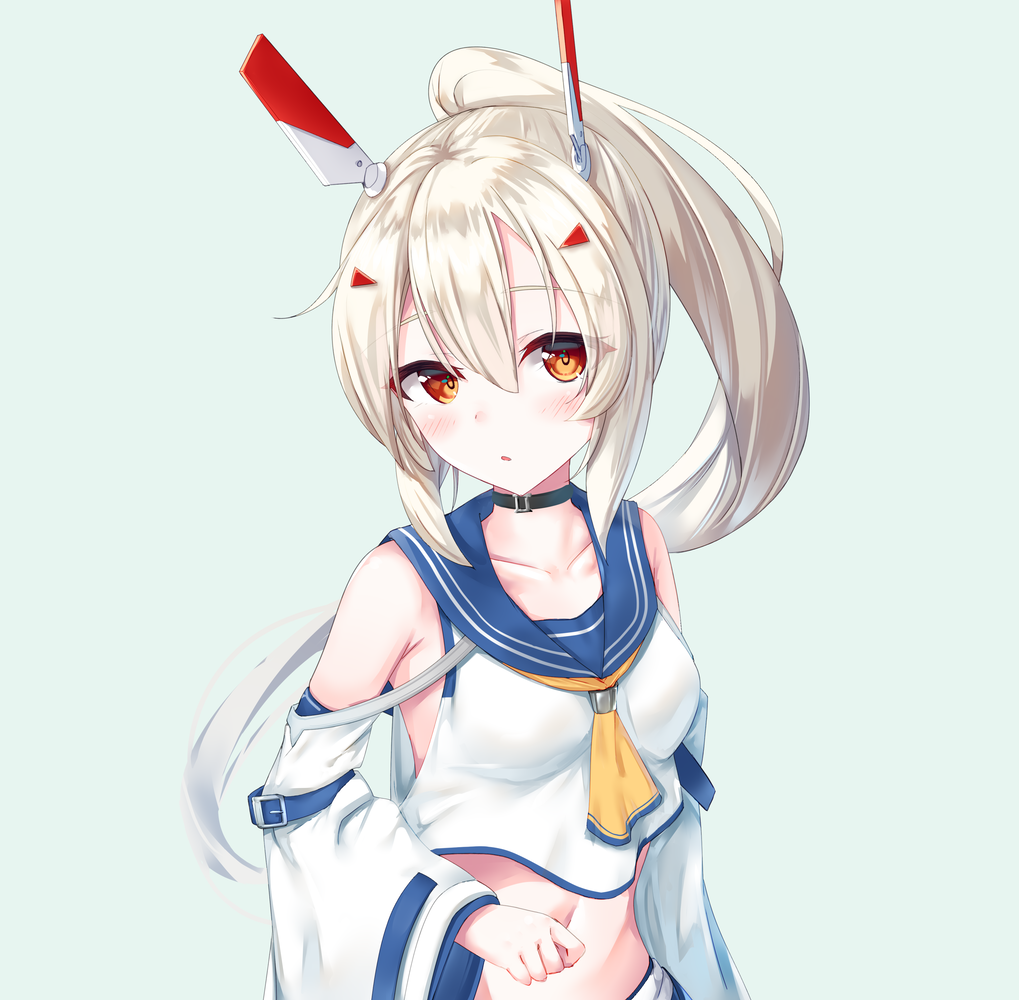 1girl ayanami_(azur_lane) azur_lane belt choker collarbone detached_sleeves hair_ornament hairclip head_tilt headgear long_hair looking_at_viewer navel orange_eyes parted_lips ponytail retrofit_(azur_lane) sailor_collar school_uniform serafuku silver_hair simple_background solo tamariyazuna wide_sleeves