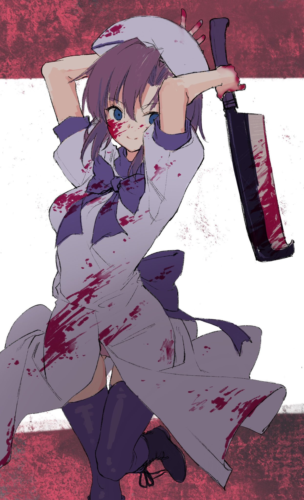 1girl arms_up black_footwear blood blood_on_face bloody_clothes bloody_hands bloody_weapon blue_bow blue_eyes blue_legwear blue_neckwear bow cleaver closed_mouth hat highres holding holding_weapon original puffy_sleeves purple_hair richard_viii short_hair smile solo weapon white_headwear