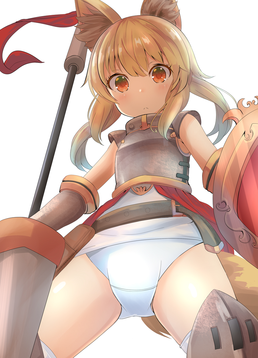 1girl animal_ear_fluff animal_ears armor aru_(arudes) blonde_hair breastplate brown_eyes fox_ears fox_tail lance legs_apart low_twintails one-piece_swimsuit original polearm school_swimsuit shield short_hair simple_background solo swimsuit swimsuit_under_clothes tail thigh-highs thighs twintails weapon white_background white_legwear white_swimsuit