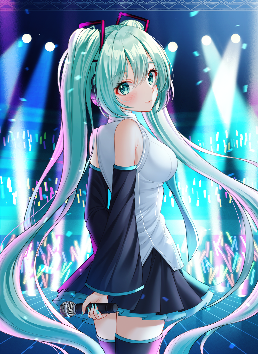 1girl aqua_hair aqua_neckwear arms_behind_back bangs bare_shoulders black_skirt blush boots breasts commentary detached_sleeves from_behind green_eyes green_nails green_skirt hair_ornament hatsune_miku headphones highres holding holding_microphone large_breasts long_hair looking_at_viewer microphone multicolored multicolored_clothes multicolored_skirt necktie nri pleated_skirt shirt skirt sleeveless sleeveless_shirt smile solo thigh-highs thigh_boots twintails very_long_hair vocaloid white_shirt zettai_ryouiki