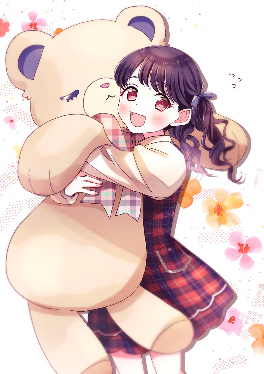 1girl black_hair commentary_request doll_hug dress fangs floral_background flying_sweatdrops fukumaru_koito hair_ribbon highres idolmaster idolmaster_shiny_colors long_hair long_sleeves looking_at_viewer open_mouth plaid plaid_dress purple_ribbon ribbon rone skin_fangs solo stuffed_animal stuffed_toy teddy_bear twintails violet_eyes