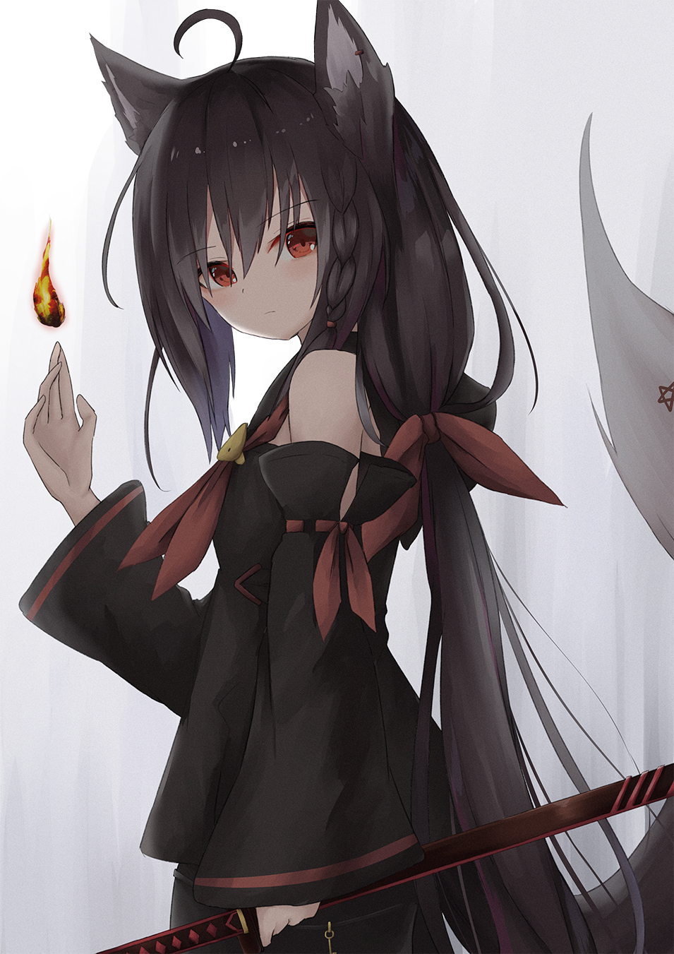 1girl ahoge animal_ears arm_up bangs bare_shoulders black_hair black_hoodie bow commentary_request detached_sleeves eyebrows_visible_through_hair fire flame fox_ears fox_girl fox_tail hair_between_eyes hair_bow hayashi_maka highres holding holding_sword holding_weapon hololive kurokami_fubuki long_hair looking_at_viewer looking_to_the_side neckerchief pentagram red_eyes red_neckwear sidelocks simple_background solo sword tail weapon white_background