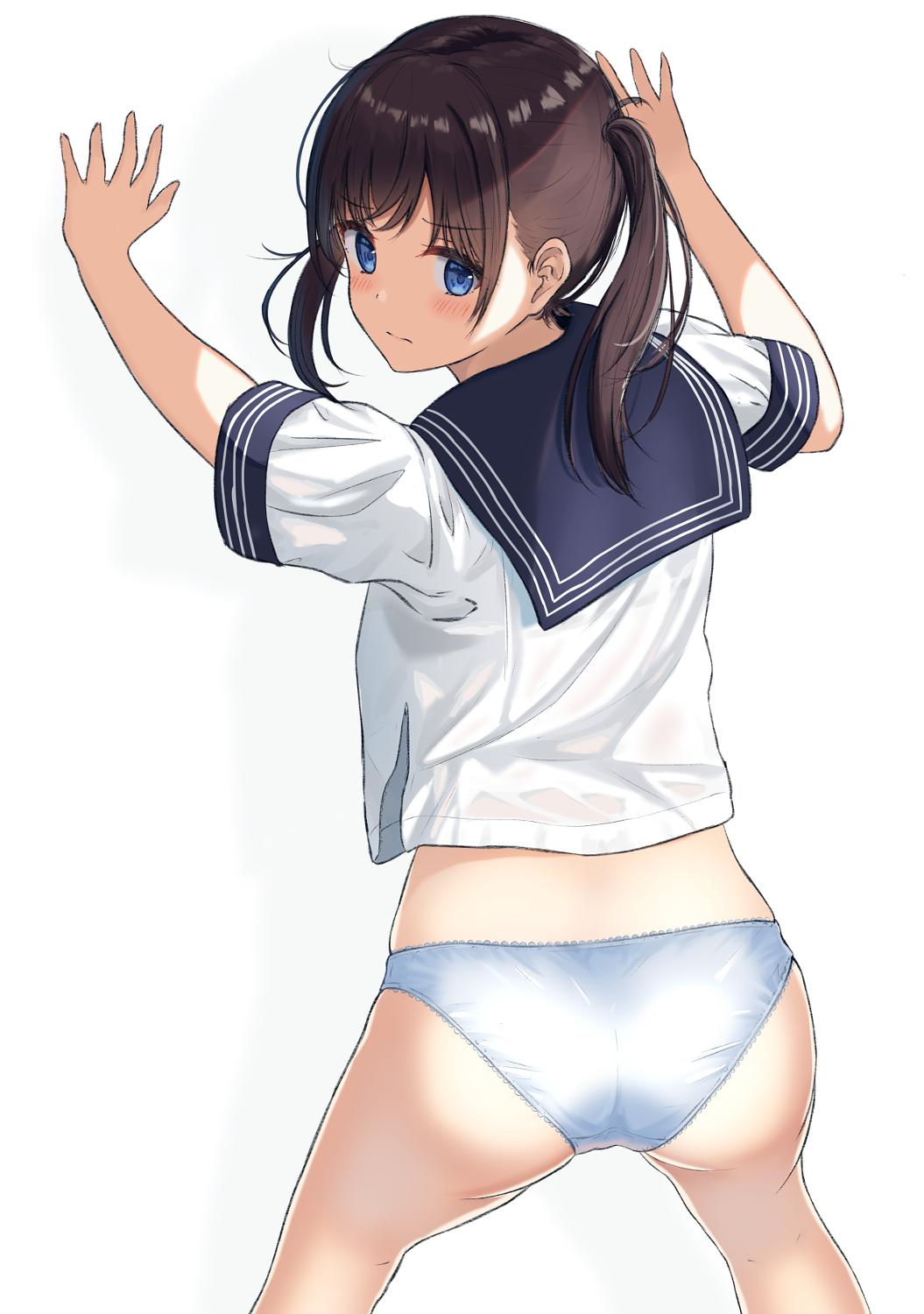 1girl ass bangs blue_eyes blush brown_hair burenbo closed_mouth commentary commentary_request eyebrows_visible_through_hair from_behind hair_strand highres long_hair looking_at_viewer looking_back no_pants original panties school_uniform serafuku short_sleeves simple_background solo standing twintails underwear white_panties