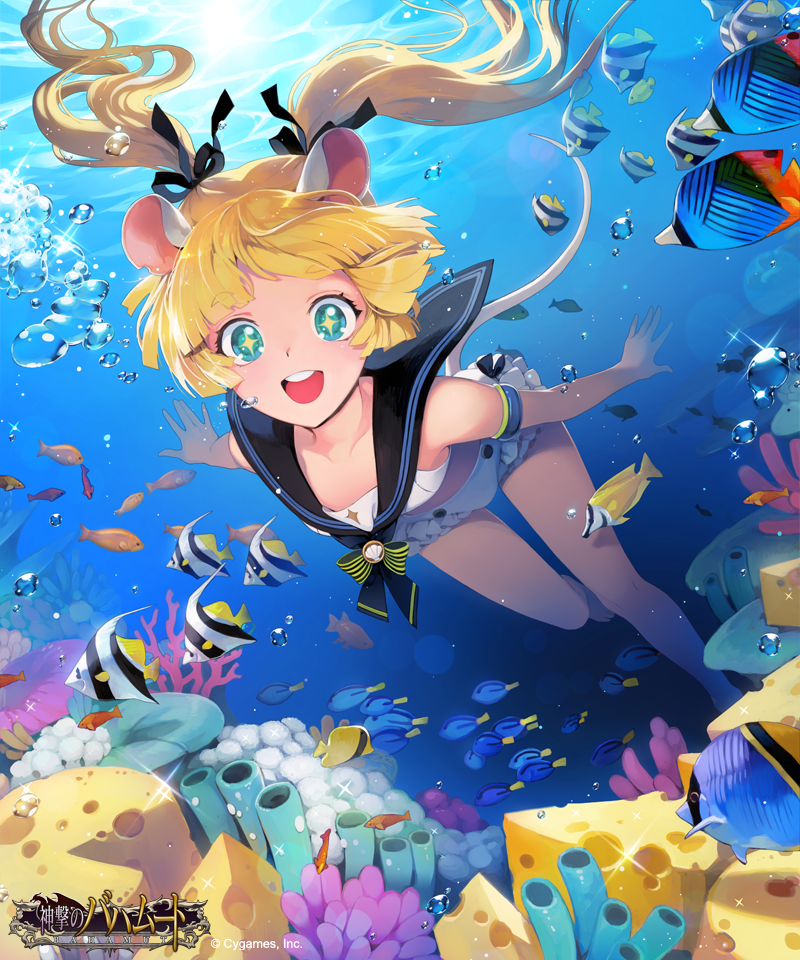 1girl air_bubble animal_ears armband blonde_hair blue_eyes bubble character_request chkuyomi commentary_request copyright_name coral fish hair_ribbon long_hair official_art open_mouth ribbon sailor_collar shingeki_no_bahamut smile swimming swimsuit symbol-shaped_pupils twintails underwater white_swimsuit