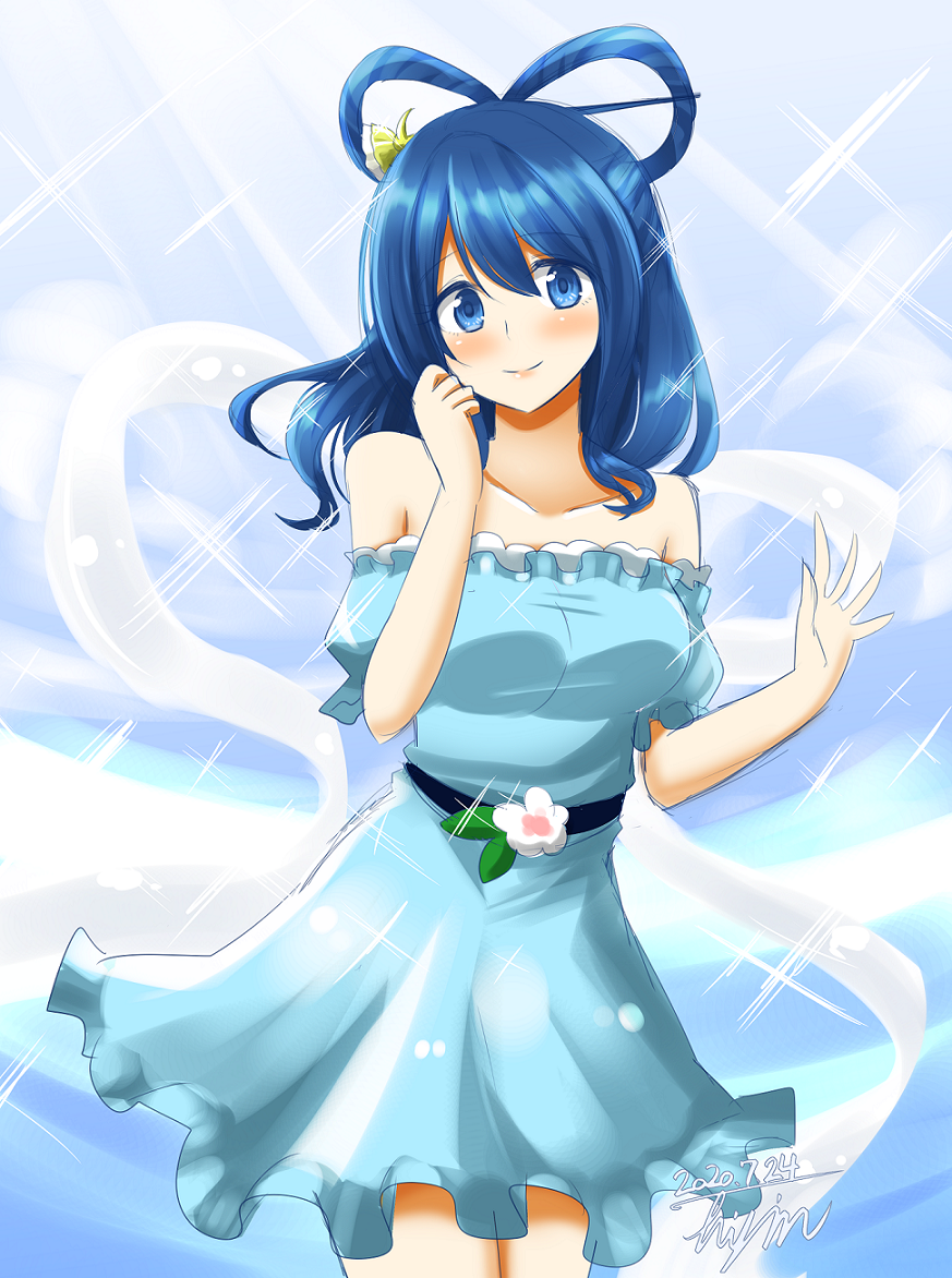 1girl alternate_hair_length alternate_hairstyle arms_up artist_name belt blue_background blue_dress blue_eyes blue_hair blush breasts collarbone commentary_request contrapposto dated detached_sleeves dress eyebrows_visible_through_hair flower hagoromo hair_between_eyes hair_ornament hair_rings hair_stick hand_on_own_face head_tilt hisin kaku_seiga large_breasts looking_at_viewer medium_hair off-shoulder_dress off_shoulder puffy_short_sleeves puffy_sleeves shawl shiny shiny_hair short_sleeves sketch solo sparkle_background standing touhou