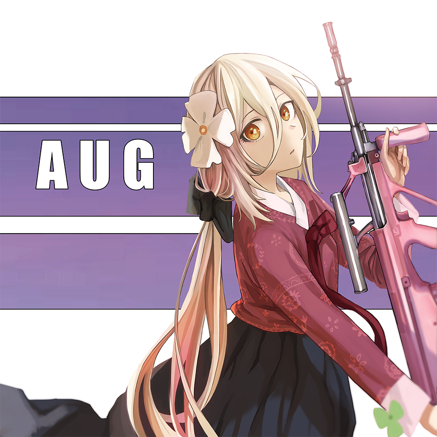 1girl assault_rifle aug_(girls_frontline) black_skirt blonde_hair bullpup character_name eyebrows_visible_through_hair flower girls_frontline gun hair_flower hair_ornament hair_ribbon japanese_clothes long_hair looking_at_viewer mmm_(ji1945) orange_eyes ribbon rifle simple_background skirt solo steyr_aug weapon