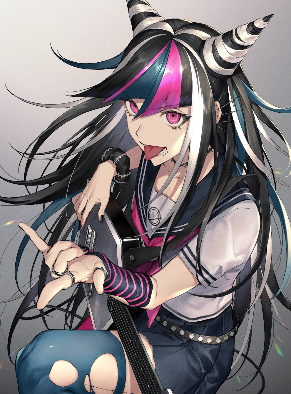 1girl :q \m/ bangs black_hair black_nails black_sailor_collar black_scrunchie collarbone dangan_ronpa ear_piercing electric_guitar eyebrows_visible_through_hair floating_hair gradient gradient_background guitar highlights highres holding holding_instrument instrument jewelry lip_piercing long_hair mioda_ibuki multicolored_hair nail_polish namakawa neckerchief open_mouth piercing pink_eyes pink_neckwear ring sailor_collar sailor_shirt school_uniform scrunchie serafuku shirt short_sleeves skirt solo stomach super_dangan_ronpa_2 thigh-highs tongue tongue_out torn_clothes torn_legwear v-shaped_eyebrows very_long_hair white_shirt wrist_scrunchie