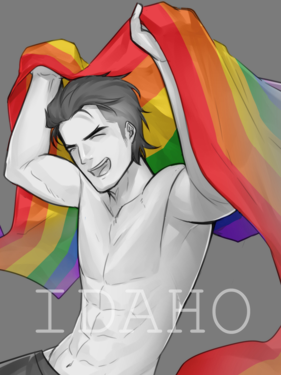 1boy abs black_hair chest closed_eyes flag gay highres holding holding_flag hunterkay lgbt_pride male_focus muscle no_nipples open_mouth original partially_colored pectorals pride_flag queer rainbow_flag shirtless smile solo tight