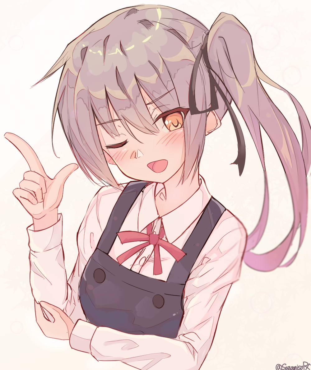 1girl brown_eyes commentary_request cropped_torso crossed_arms dress grey_hair index_finger_raised kantai_collection kasumi_(kantai_collection) long_hair long_sleeves looking_at_viewer one_eye_closed pinafore_dress remodel_(kantai_collection) sazamiso_rx shirt side_ponytail simple_background solo upper_body white_background white_shirt