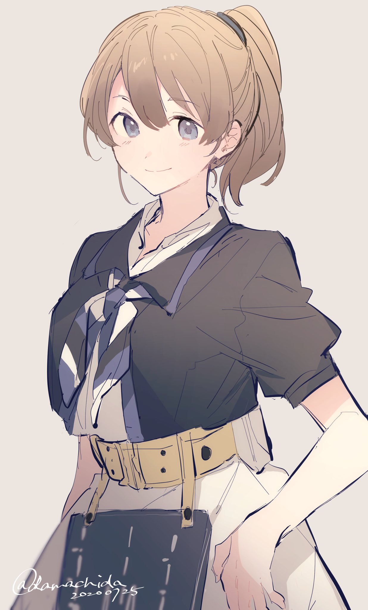 1girl black_shirt blue_eyes breasts brown_hair cowboy_shot dated grey_background highres intrepid_(kantai_collection) kantai_collection large_breasts miniskirt multicolored_neckwear ponko_(damachida) ponytail shirt short_hair signature simple_background skirt solo white_skirt