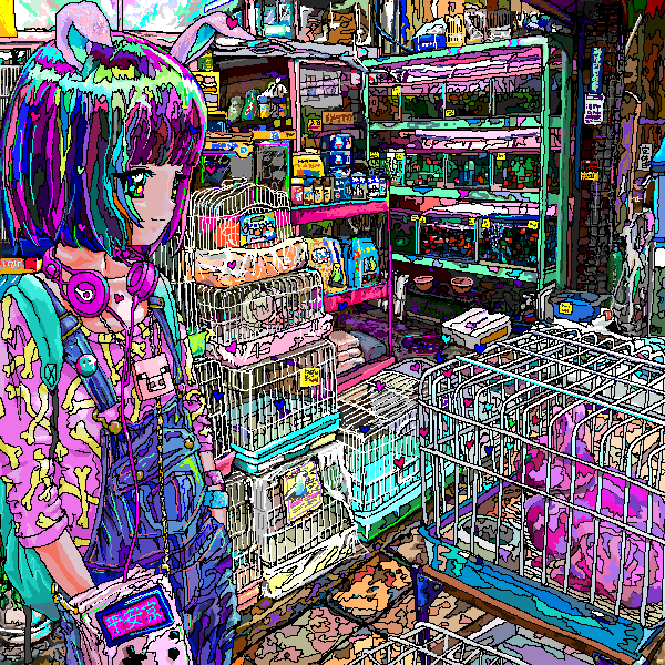 1girl ace_akira animal_ears bag beats_by_dr._dre blue_bra bone_print bra cage fish game_boy goldfish handheld_game_console headphones headphones_around_neck heart indoors long_sleeves minecraft multicolored_hair original overalls pig_(minecraft) pink_headphones pink_shirt print_shirt purple_hair rabbit rabbit_ears revision shelf shiny shiny_hair shirt shop short_hair sleeves_past_elbows solo standing underwear