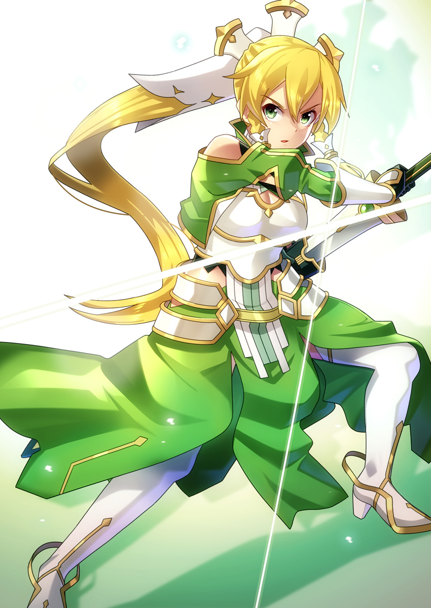 1girl bangs black_gloves blonde_hair boots breastplate commentary_request dress eyebrows_visible_through_hair glint gloves green_dress green_eyes hair_between_eyes hair_ornament high_heel_boots high_heels highres holding holding_sword holding_weapon is_ii juliet_sleeves leafa long_hair long_sleeves looking_at_viewer parted_lips ponytail puffy_sleeves sheath solo standing sword sword_art_online:_alicization thigh-highs thigh_boots unsheathing v-shaped_eyebrows vambraces very_long_hair weapon white_footwear white_legwear