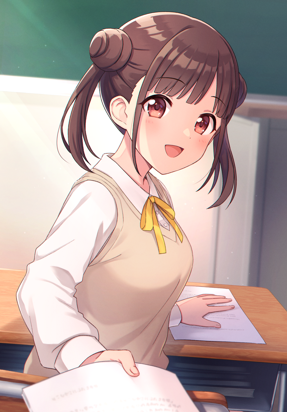 1girl 23nanato :d bangs blunt_bangs blush book brown_hair classroom collared_shirt desk double_bun eyebrows_visible_through_hair from_behind highres holding idolmaster idolmaster_shiny_colors indoors long_sleeves looking_at_viewer looking_back neck_ribbon open_mouth paper pov redhead ribbon school_desk shirt sitting smile solo sonoda_chiyoko sweater_vest twintails upper_body white_shirt yellow_neckwear yellow_ribbon